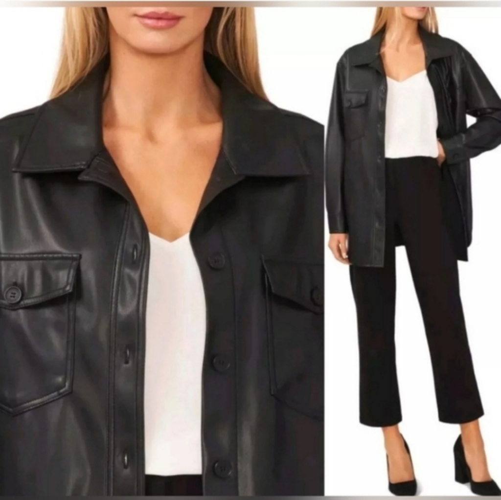 Halogen Faux Buttery Feel Leather Shirt Jacket Black Button Up Xs
